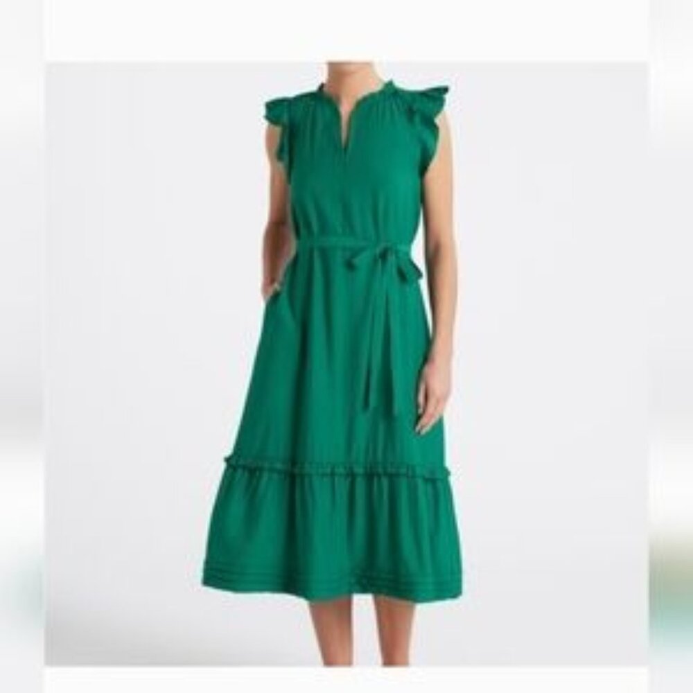 41 Hawthorne Belted Midi Dress Green Tiered Ruffle Size L